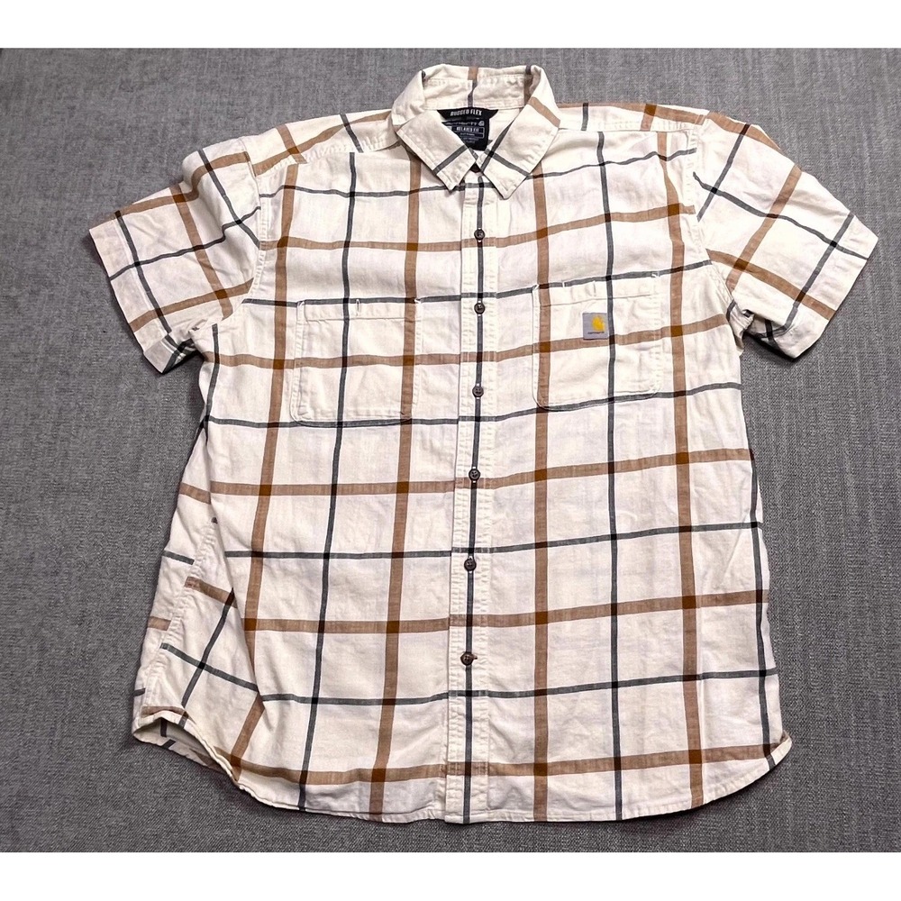Carhartt Rugged Flex Shirt Mens XL Beige Plaid Relaxed Fit Short Sleeve Utility